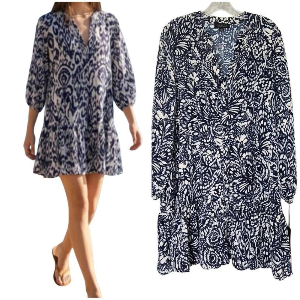 Rachel Zoe Navy White Abstract Print Flounce Hem Mini Dress Sz XL